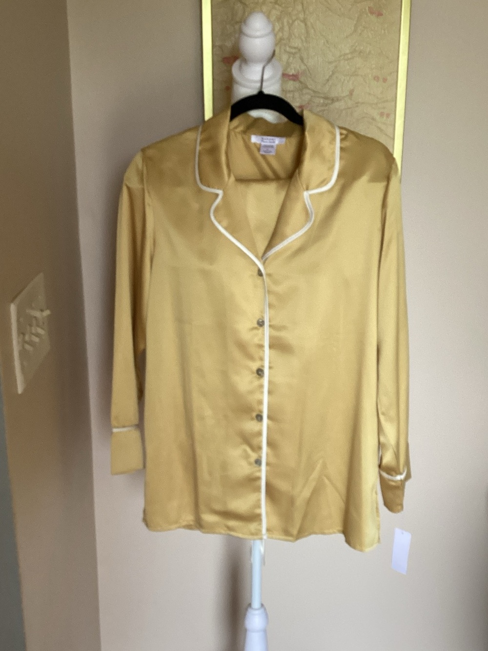 Natori Gold Satin Pajama Shirt with White Piping